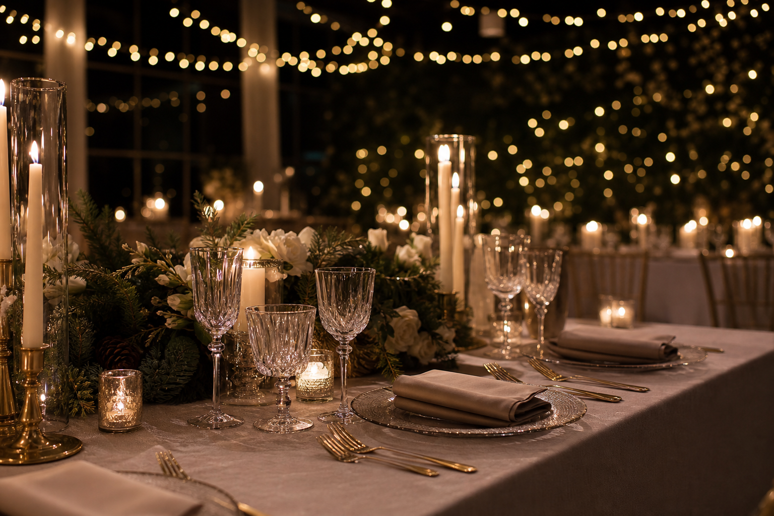 Mesa de recepción de boda decorada para diciembre con velas y luz cálida